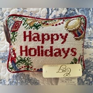 Beautiful Vintage Christmas Woolen Needlepoint Pillow “Happy Holidays” NEW